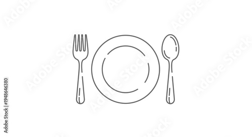 Minimalist Icon: Plate with Fork and Spoon, Simple Dinner Setting Line Art