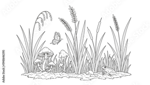 Line Art Wetland Ecosystem with Frog Butterfly Mushrooms Cattails and Grasses for Nature Education and Coloring Pages