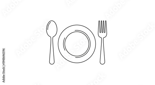 Minimalist Icon: Plate, Fork, and Spoon - Simple Dining Utensils Line Art