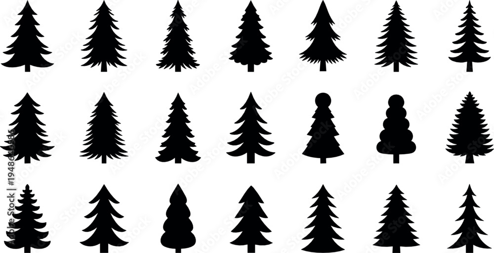 Fototapeta premium Pine tree silhouettes collection with evergreen forest tree shapes illustration set
