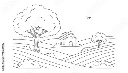 Peaceful Countryside Landscape with Farmhouse and Rolling Hills for Rural Branding and Serene Web Design