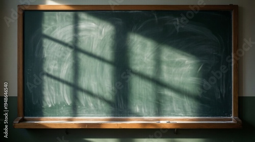 Empty green chalkboard with bright window pane shadows