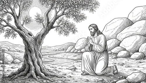 Spiritual Solitude Prayer Under Moonlight Tree, Inspiring Faith Hope Resilience for Christian Devotion, Meditation, Bible Study