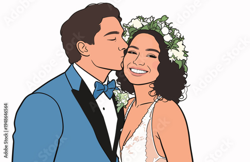 Couple shares a kiss at their wedding ceremony in a bright setting with flowers and celebration