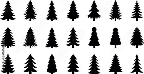 Pine tree silhouettes collection with evergreen forest tree shapes illustration set