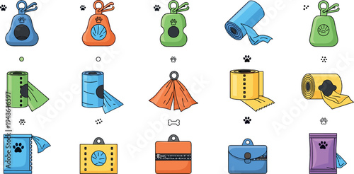 Pet waste bags and dispensers collection with dog poop bag holders illustration set