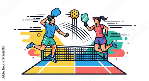Two people playing pickleball on court.