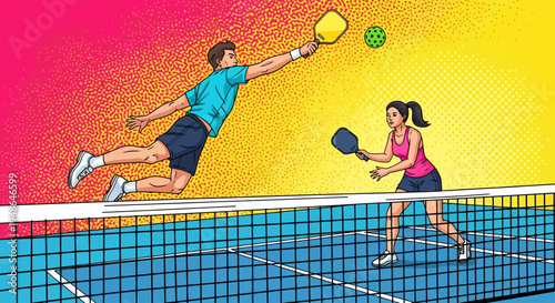 Man and woman playing pickleball sport.