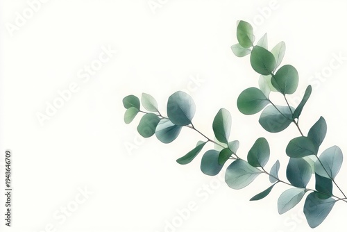 Delicate eucalyptus branch with round blue-green leaves on a bright white background evoking calm and minimalist freshness
