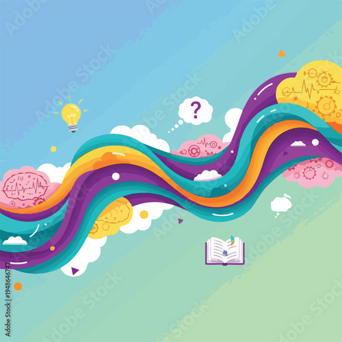 Colorful illustration with flowing lines, brains, and a lightbulb