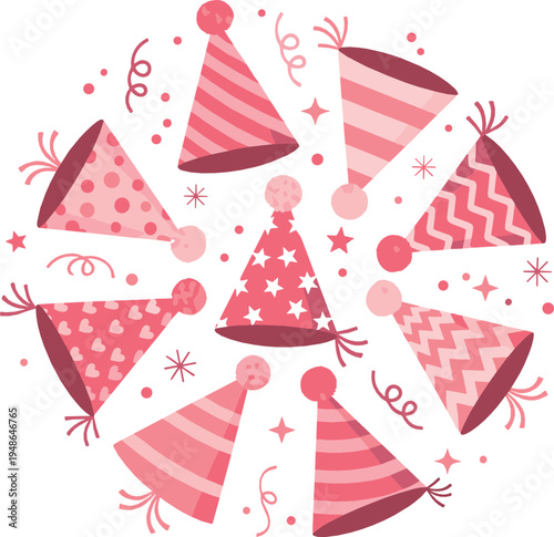 Pink birthday party hats vector illustration set with stripes, stars, polka dots and festive confetti for celebration decoration and event design