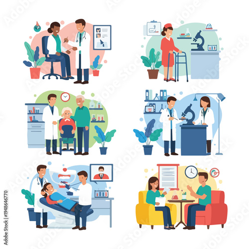 Colorful illustrations showcasing medical scenarios with patients and doctors