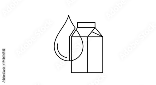 Milk carton and drop icon, simple line art, healthy drink concept
