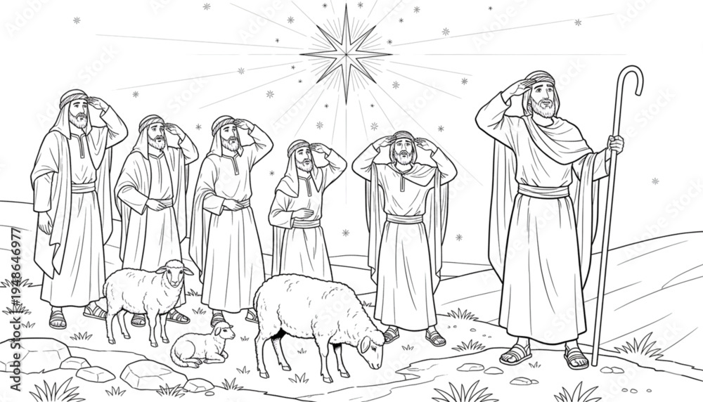 Obraz premium Awestruck Shepherds and Sheep Gaze at Bright Christmas Star in Night Sky Biblical Nativity Scene Holiday Coloring Page