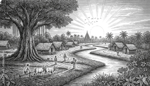 Rural Village Life Sunrise Farming River Scene Peaceful Community Agriculture Scenic Landscape for Travel & Culture Content