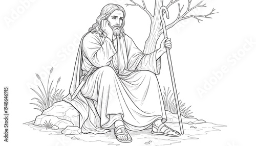 Meditative Shepherd Resting Outdoors, Inspiring Hope and Guidance for Spiritual and Religious Content Creation