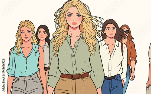 Women walk confidently in a group during a fashion event in a studio setting on a clear day