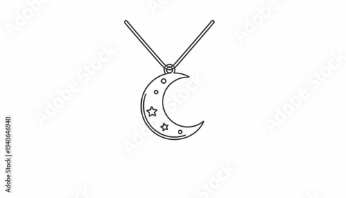Minimalist Crescent Moon Necklace Pendant with Stars - Line Art Icon