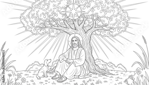 Serene Man and Dog Under Tree, Spiritual Enlightenment, Peaceful Nature Scene, Hopeful Radiance, Divine Guidance, Calm
