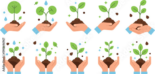 Plant growing stages in hands collection with seedlings and young plants care illustration set
