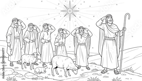 Awestruck Shepherds and Sheep Gaze at Bright Christmas Star in Night Sky Biblical Nativity Scene Holiday Coloring Page