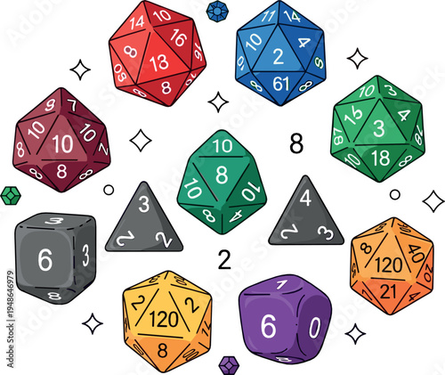 Polyhedral Dice Vector Collection for Tabletop RPG Games with D4 D6 D8 D10 D12 D20 Role Playing Game Illustration Set