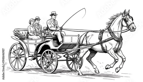Elegant Black and White Horse Drawn Carriage with Driver and Passengers Riding. Classic Vintage Travel Historical Illustration.
