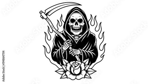 Menacing Grim Reaper Skeleton with Scythe Flames and Rose Tattoo Art for Halloween and Gaming Apparel