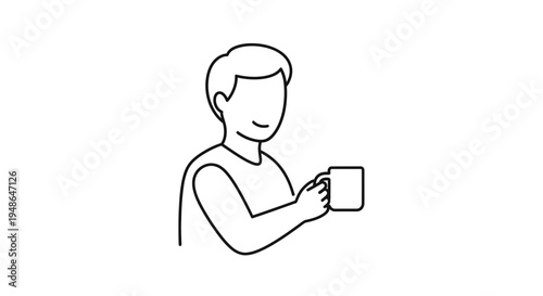 Man holding a coffee mug, simple line art illustration, casual lifestyle, morning routine