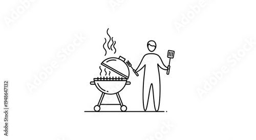 Man Grilling BBQ Food on Outdoor Kettle Grill, Summer Barbecue Party, Cooking Outdoors