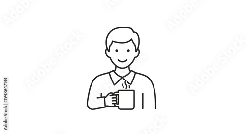 Man Holding Hot Coffee Cup, Smiling, Morning Routine, Simple Line Art Icon