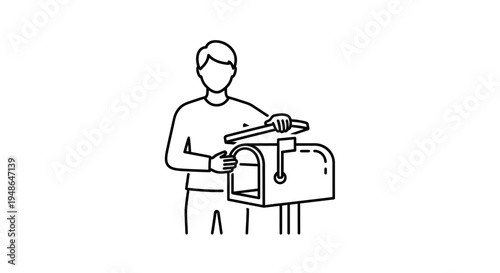 Man Opening Mailbox - Line Art Icon