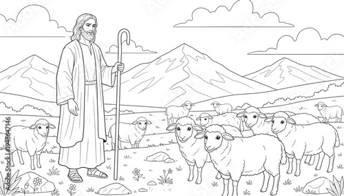 Biblical Shepherd Leading Sheep In Peaceful Mountain Field Line Art For Children's Coloring Book