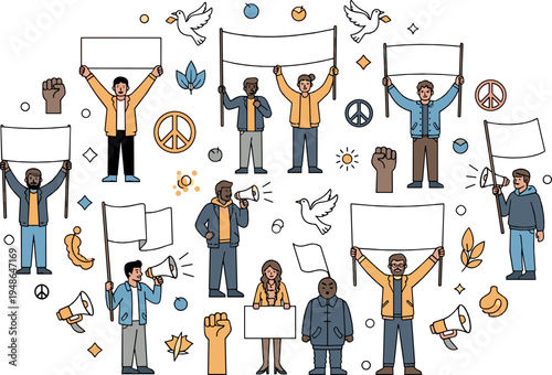 Protest Demonstration People Vector Collection with Activists Holding Blank Banners Megaphone Peace Symbols Social Movement Illustration Set