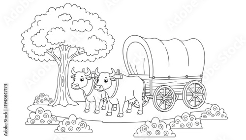 Pioneer Covered Wagon Pulled by Oxen Line Art Coloring Page for Kids History Education and Craft Projects