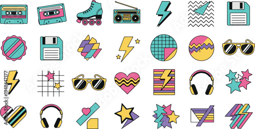 Retro 80s icons collection with cassette tape boombox roller skate sunglasses headphones and geometric shapes flat vector illustration