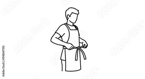 Man tying apron, preparing for work in kitchen or workshop, simple line art illustration