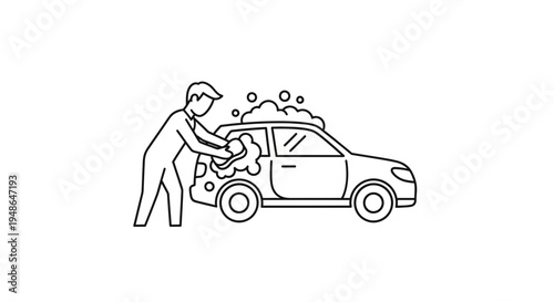 Man Washing Car with Sponge, Outdoor Car Wash, Clean Vehicle Icon