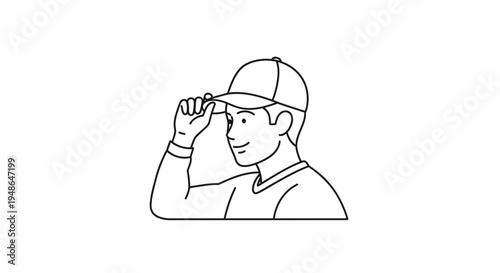 Man Wearing Baseball Cap, Tipping Hat in Greeting or Respect, Line Art Illustration