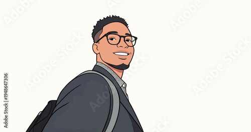 Man walking with a backpack while smiling in a simple background during daytime