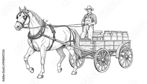 Dedicated Farmer Driving Horse-Drawn Cart Full of Milk Cans. Classic Rural Delivery and Agricultural Heritage Art.