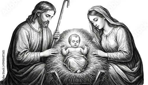 Vintage Engraving of Holy Family Nativity for Peaceful Christmas Holiday Season and Religious Celebration Artwork