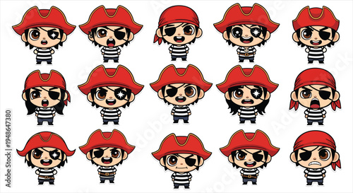 Cute Pirate Boy Character Emote Sticker Set, Cartoon Sea Adventure Mascot Emoji Pack, Funny Reaction Icons Vector