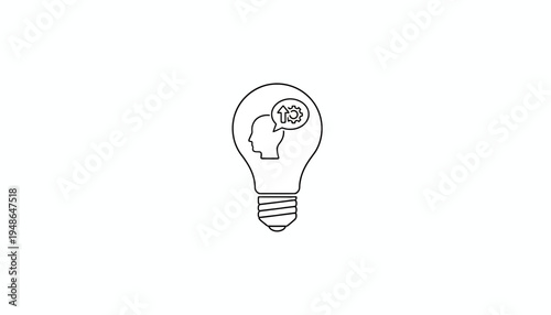 Light bulb with human head and gears inside, symbolizing idea, innovation, and thinking
