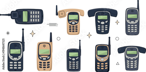 Retro Mobile Phones Vector Collection with Vintage Cellphones Antenna Handsets Classic 1990s Communication Technology Illustration Set