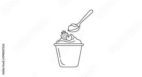 Line Art Icon of Yogurt or Dessert with Berries and Spoon, Healthy Breakfast or Snack