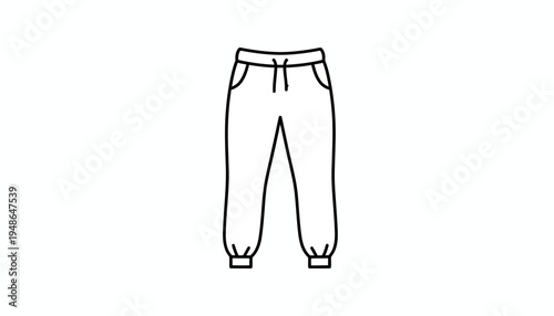 Line art illustration of jogger pants with drawstring and pockets on white background