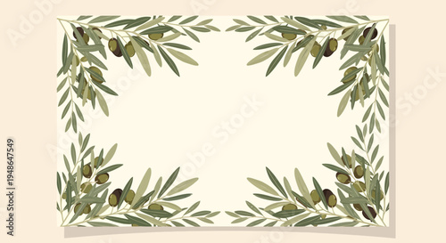 Elegant Olive Branch Border Design with Green Leaves and Olives.