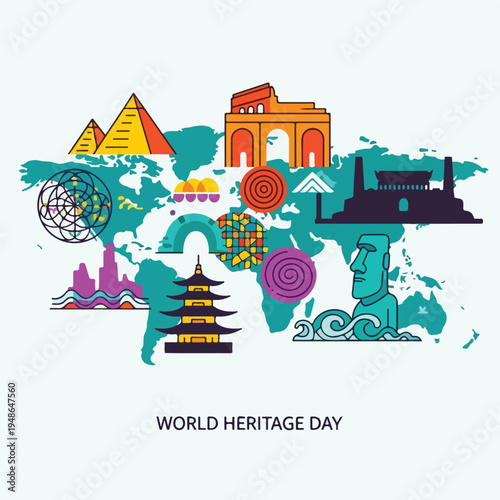 Colorful illustration featuring global landmarks over a map outline