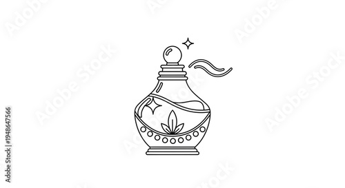 Magical Potion Bottle Outline Icon with Swirls and Sparkles